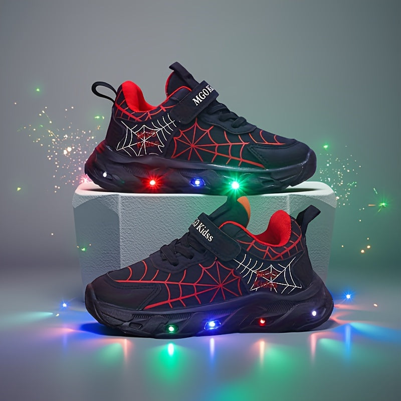 Boys LED Light-Up Mesh Sneakers with Spider-Inspired Design, Red Blue or Black Casual Running Shoes for Toddler, Little Kid and Big Kid Sizes