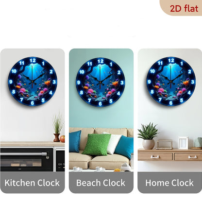 Underwater Nursery Wall Clock 10 Inch with Glow-in-the-Dark Fish and Coral Print, Silent Round 2D Flat Clock for Ocean-Themed Room Decor