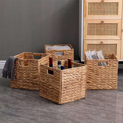 Handwoven Water Hyacinth Cube Storage Basket, Foldable 11 x 11 Inch Organizer for Shelves, Laundry and Everyday Home Clutter with Pack Options