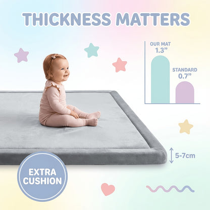 Cushioned Velvet Tummy-Time Play Mat, 1.3-Inch Non-Slip Waterproof Crawling Pad for Infants and Toddlers, Four Playpen Size Options