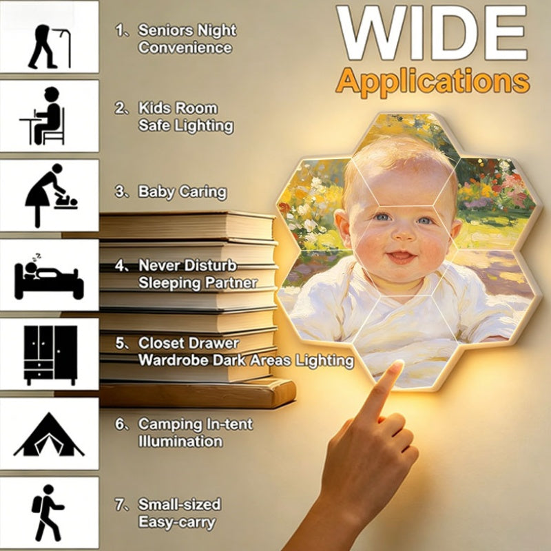 Hexagon Nursery Photo Wall Frames with Touch-Activated Lighting, Customizable Modular Picture Display for Baby Growth Memories and First Birthday Decor