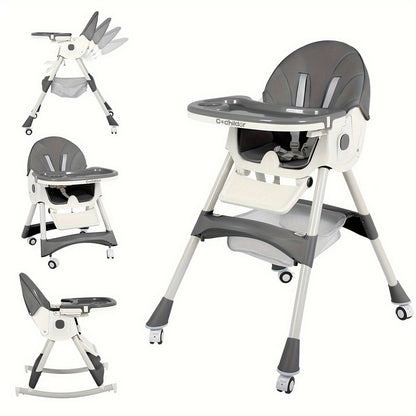 Adjustable Baby Dining Chair with Tray, Convertible Folding High Chair with Multi-Position Backrest and 5-Point Harness for Home Meals and Outings