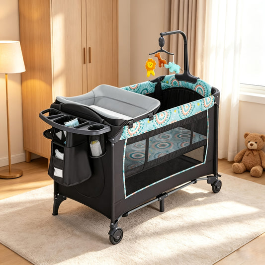 5-in-1 Pack and Play Baby Crib with Detachable Changing Table, Includes Mattress, Storage, Music, and 3 Adjustable Heights, Portable Large Playard for Newborn Baby, Supports Up to 19 Pounds