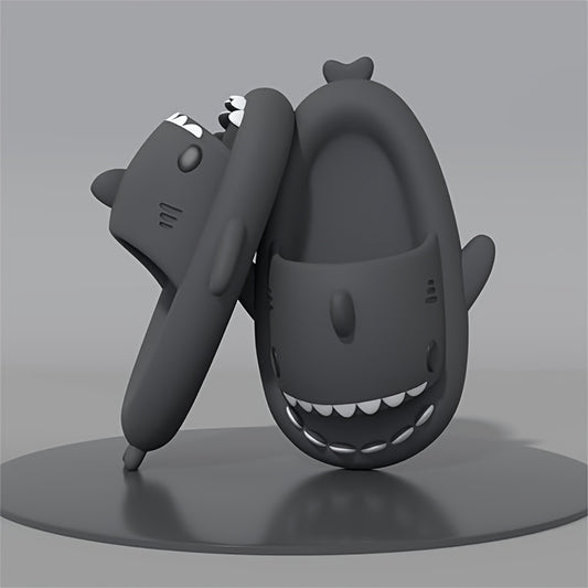 Kids Shark Slide Sandals in Dark Gray, Lightweight Quick-Drying Slip-Resistant Slippers for Beach, Poolside, Shower and Indoor Play