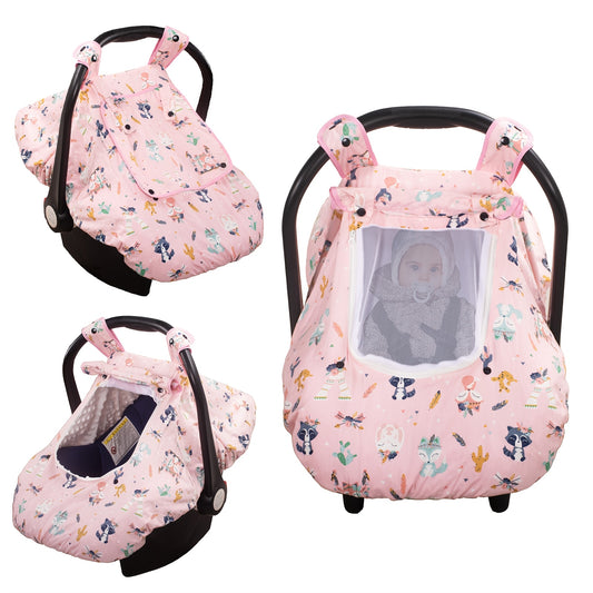 Minky Infant Car Seat Cover for Winter, Beavtaens 3-in-1 Soft Baby Carrier Canopy with Storage Bag, Pink Fox or Pink Flower