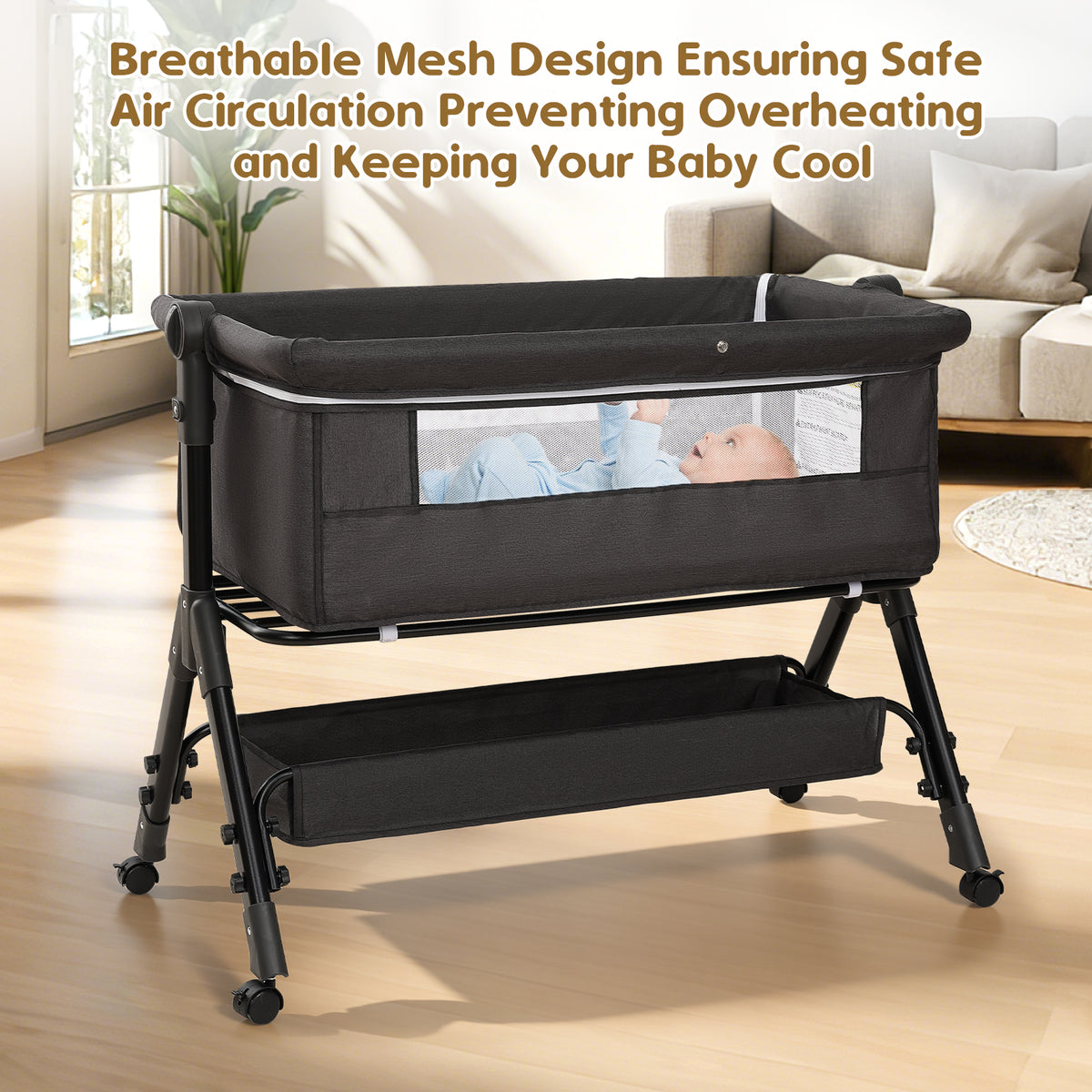 Bedside Bassinet with Lockable Wheels, Height-Adjustable 3-in-1 Crib-Side Infant Sleeper with Mosquito Net and Storage Bag, Dark Gray
