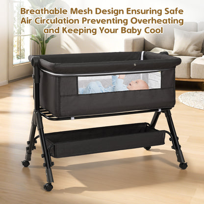 Bedside Bassinet with Lockable Wheels, Height-Adjustable 3-in-1 Crib-Side Infant Sleeper with Mosquito Net and Storage Bag, Dark Gray