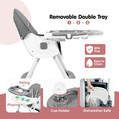 7-in-1 Convertible High Chair by Aprpink, Adjustable Folding Baby Feeding Seat with Dual-Layer Tray, Wipeable PU Cushion and 5-Point Harness