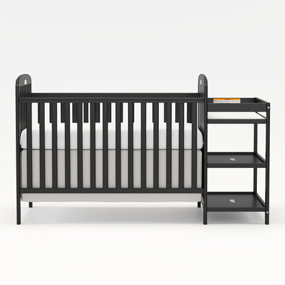 Baby Crib with Changing Table, Goldzone 4-in-1 Convertible Wooden Nursery Crib with Four Mattress Heights, Two Storage Shelves and Toddler Bed Conversion, White