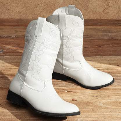 Embroidered Mid-Calf Western Riding Boots for Kids - Pull-On Cowboy Cowgirl Boots with Round Toe, Soft Lining & Flexible TPR Sole for Boys & Girls, Little Kid & Big Kid Sizes