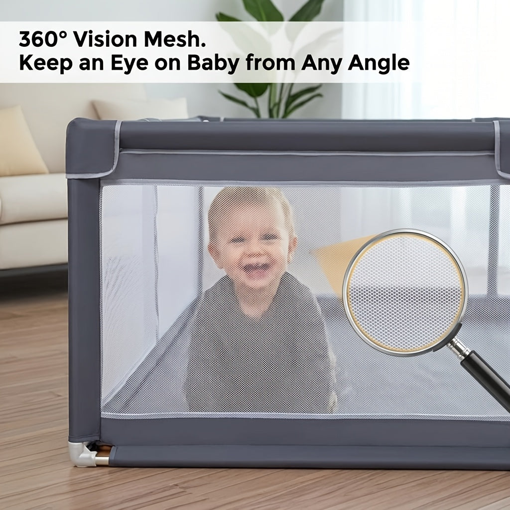 Baby Playpen Fence with Soft Breathable Mesh, Indoor Outdoor Kids Activity Enclosure in Gray or Beige with Size and Mat Bundle Options