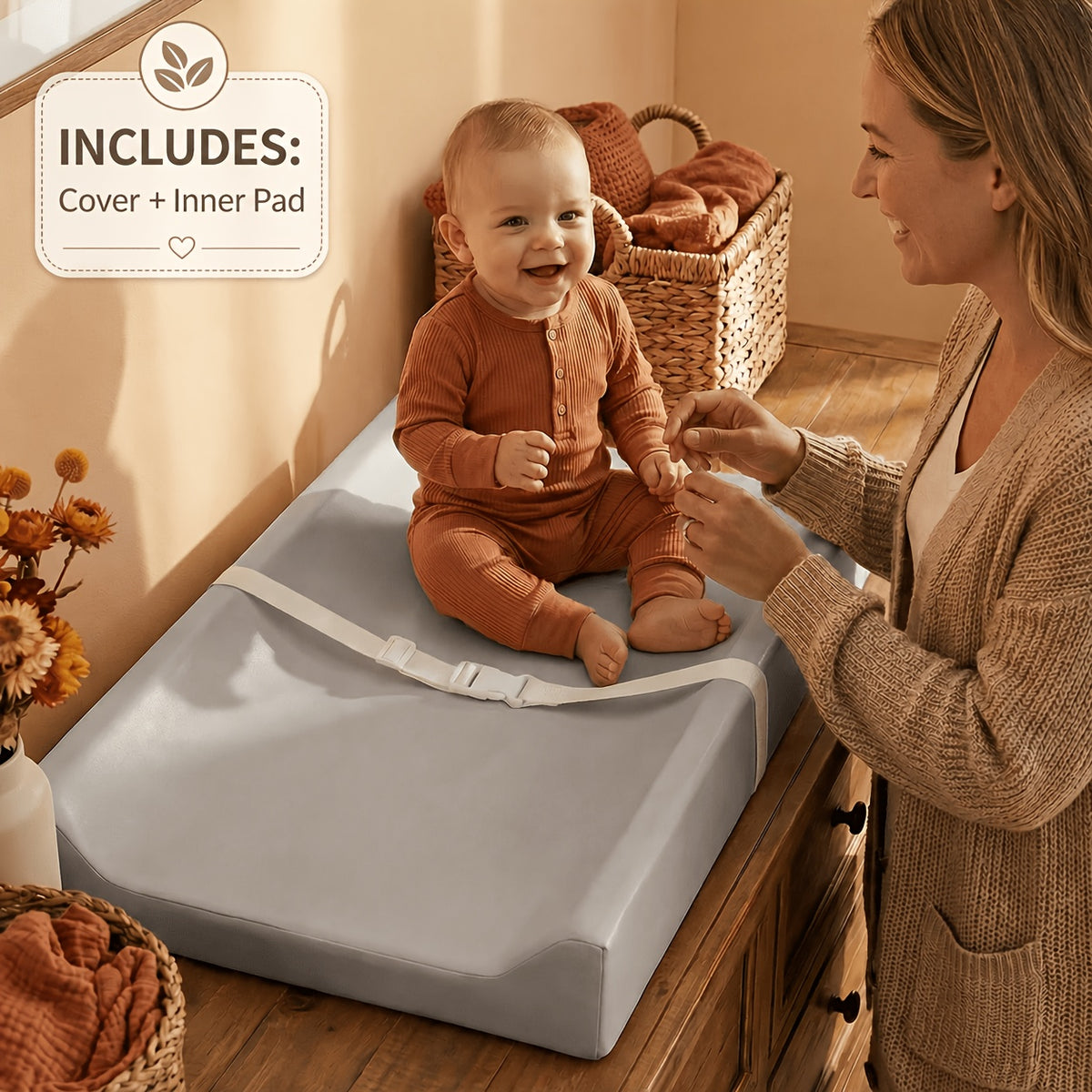 Contoured Dresser Changing Pad by PASAMIC, 15.74 x 31.1-Inch Waterproof Wipeable Baby Diaper Mat with Secure-Grip Design in Grey, Beige or Pink