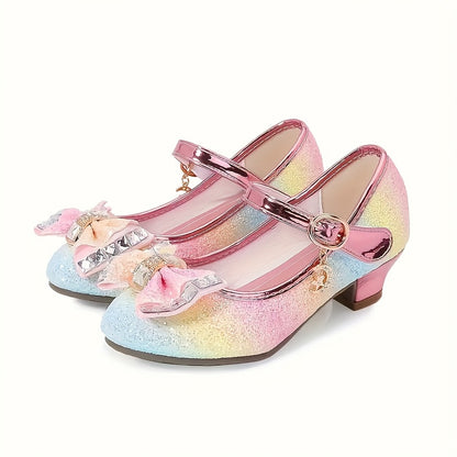 Girls Iridescent Dress Shoes with Bow and Heart Charm, Sparkly Round-Toe Heels with Hook-and-Loop Strap for Weddings, Parties and Performances