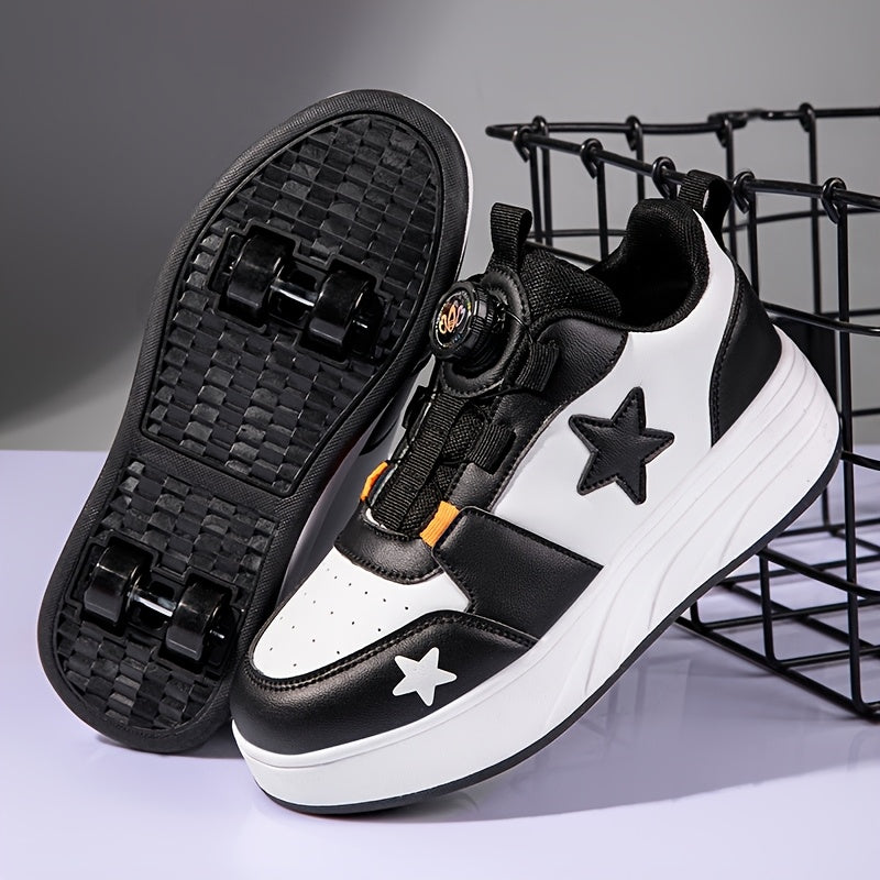 Boys Mesh Roller Sneakers with Removable Wheels, Black Low-Top Skate Shoes with TPR Insole and 2-Wheel or 4-Wheel Options for Outdoor Play