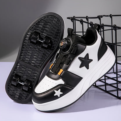 Boys Mesh Roller Sneakers with Removable Wheels, Black Low-Top Skate Shoes with TPR Insole and 2-Wheel or 4-Wheel Options for Outdoor Play