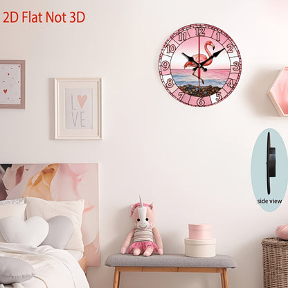 Flamingo Nursery Wall Clock 10 Inch with Pink Sunset Beach Print, Silent Non-Ticking 2D Flat Round Clock for Coastal Kids Room Decor