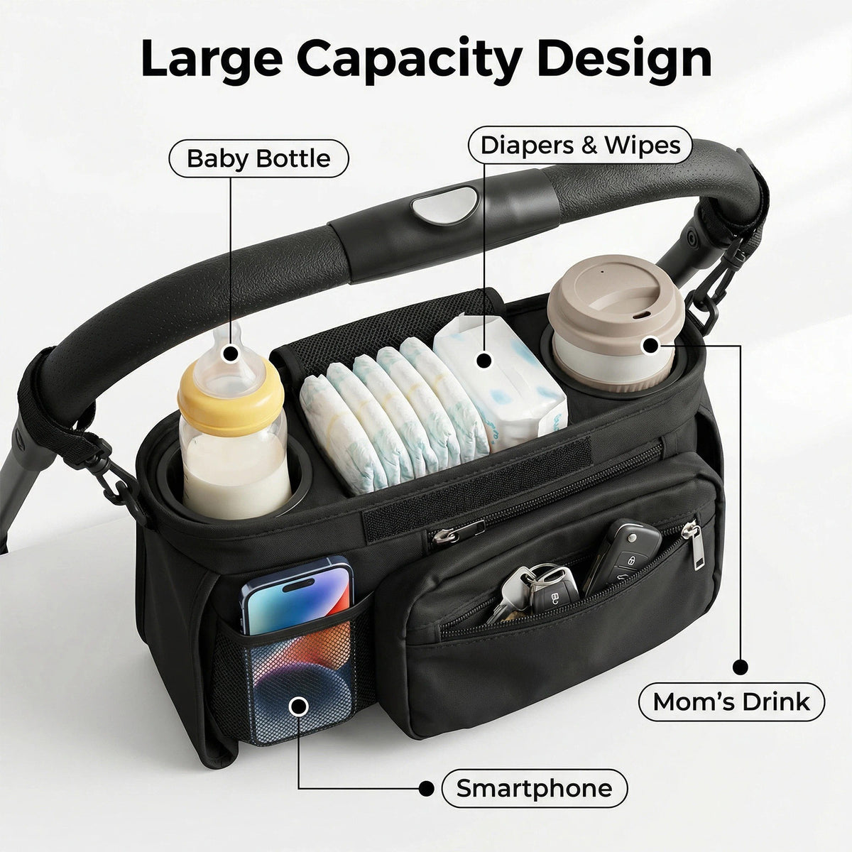 Stroller Console Bag with Dual Cup Holders, Black Hanging Organizer with Detachable Wristlet Phone Pouch and Adjustable Shoulder Strap