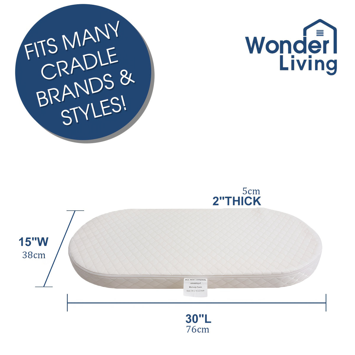 Bassinet Mattress Oval Foam with Removable Waterproof Cover, Baby Cradle Mattress in 15 x 30, 18 x 29 or 20 x 33 Inch Size Options