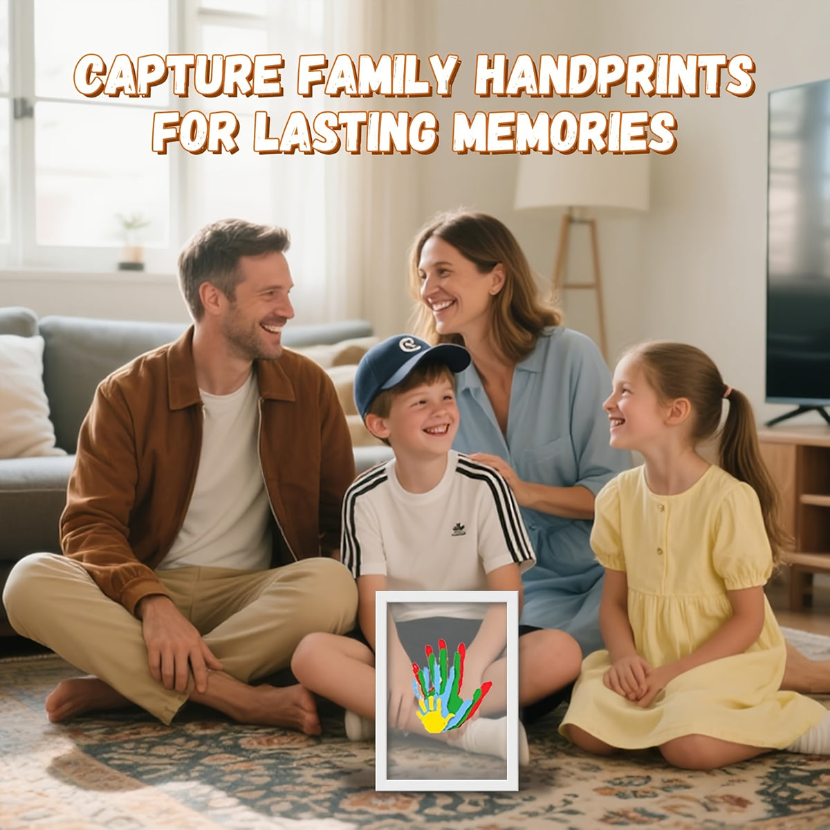 Family Handprint Kit with Keepsake Frame, 4 Handprint Spaces and 6 Paint Colors for Shared Memory Making, Mother's Day or Holiday Gift