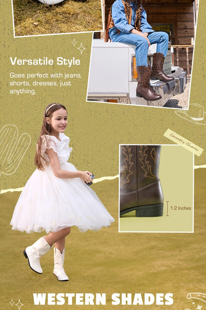 Embroidered Mid-Calf Western Riding Boots for Kids - Pull-On Cowboy Cowgirl Boots with Round Toe, Soft Lining & Flexible TPR Sole for Boys & Girls, Little Kid & Big Kid Sizes