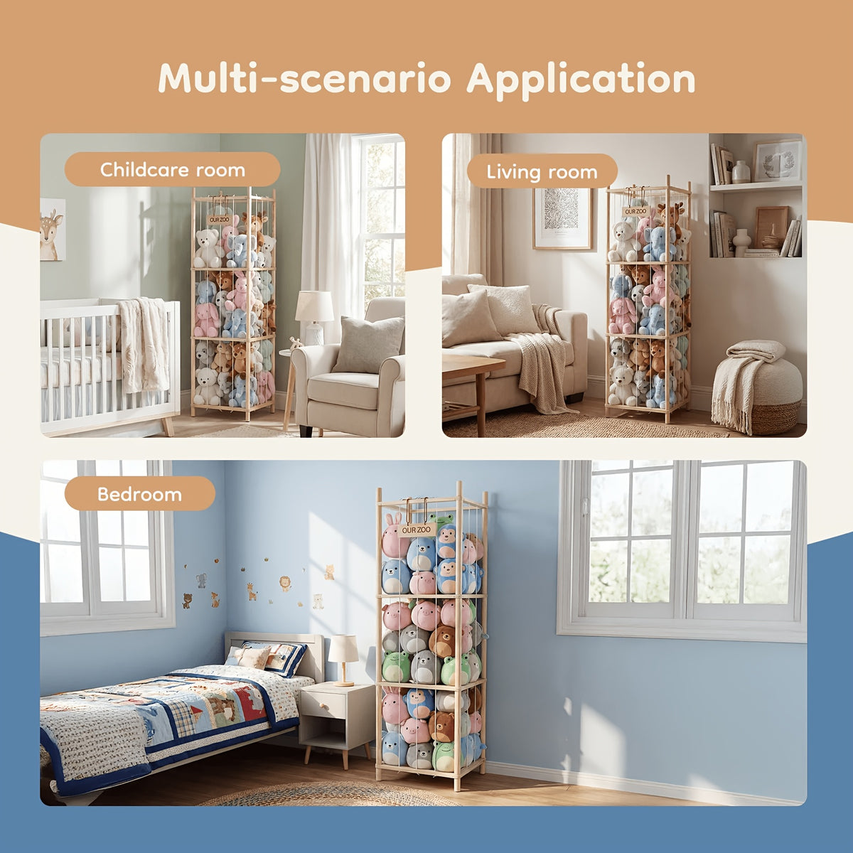 Plush Toy Storage Organizer for Kids' Bedroom and Playroom, Stuffed Animal Holder in Wood-Look, White or Pink Options for Children's Spaces