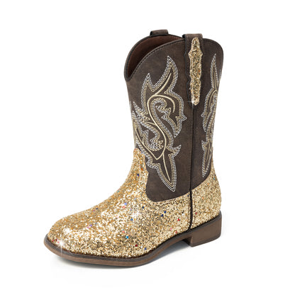 Kids Glitter Cowgirl Boots, Sparkly Western Mid-Calf Pull-On Shoes with Embroidered PU Upper, Round Toe and Easy-Grip Tabs for Girls’ Dance, Dress-Up, Parties & Everyday Play