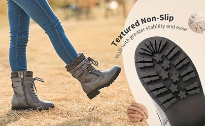 Girls' Lace-Up Western Boots, Mid-Calf Cowboy Style with Round Toe, PU/Fabric Upper and TPR Sole for Fall & Winter, Toddler, Little Kid & Big Kid Sizes