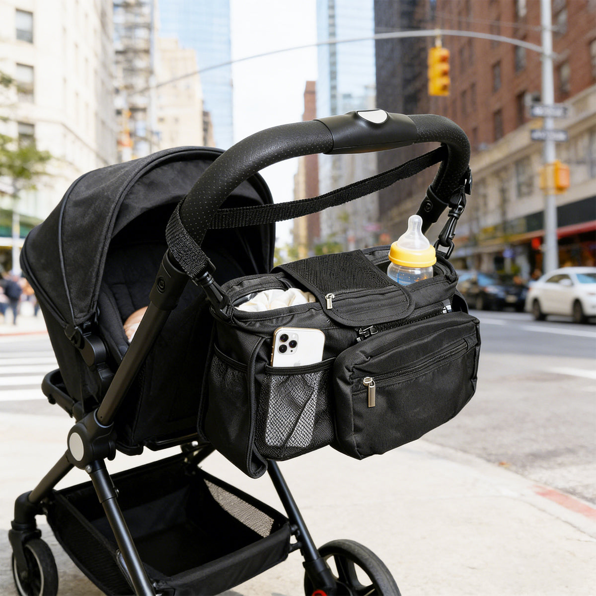 Stroller Console Bag with Dual Cup Holders, Black Hanging Organizer with Detachable Wristlet Phone Pouch and Adjustable Shoulder Strap