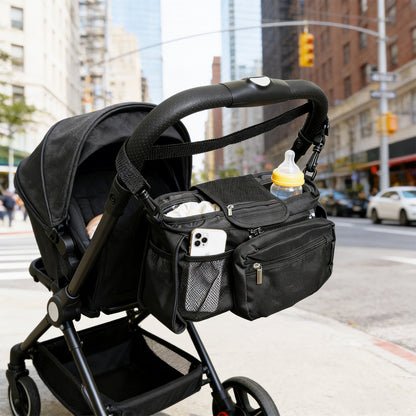 Stroller Console Bag with Dual Cup Holders, Black Hanging Organizer with Detachable Wristlet Phone Pouch and Adjustable Shoulder Strap