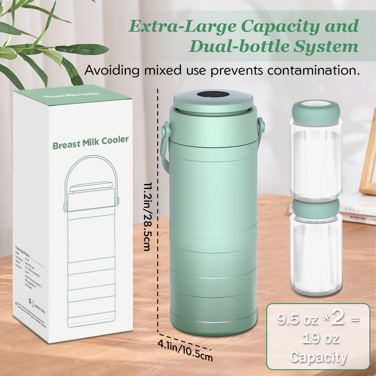 Breast Milk Cooler with 2 Storage Bottles, Portable 360° Surround Cooling Chiller with Carry Handle for Pumping Moms, Work and Travel