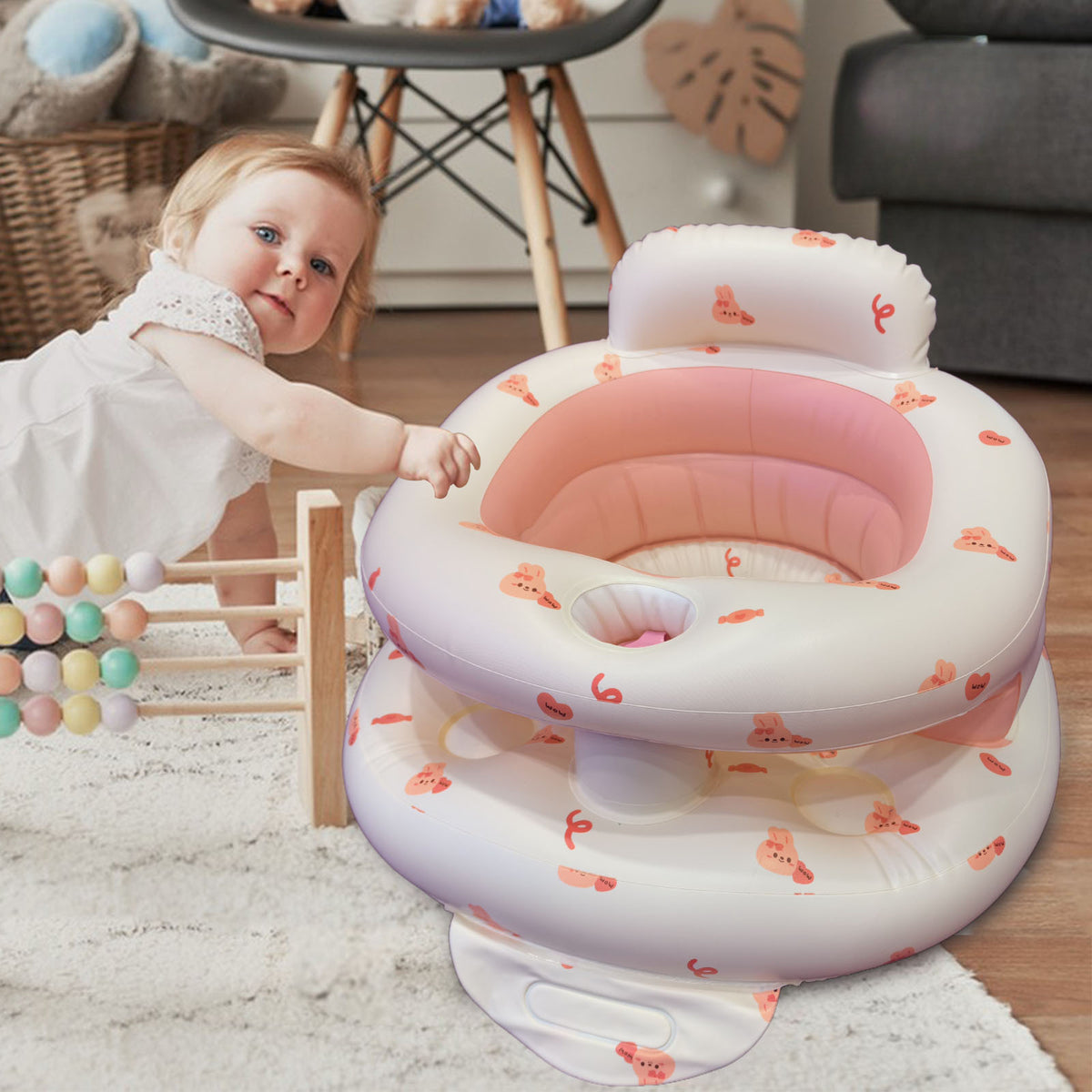 Portable Inflatable Baby Chair with Backrest and Armrests, Love Bunny Dinosaur or Little Bear Floor Seat for Supervised Awake Sitting at Home