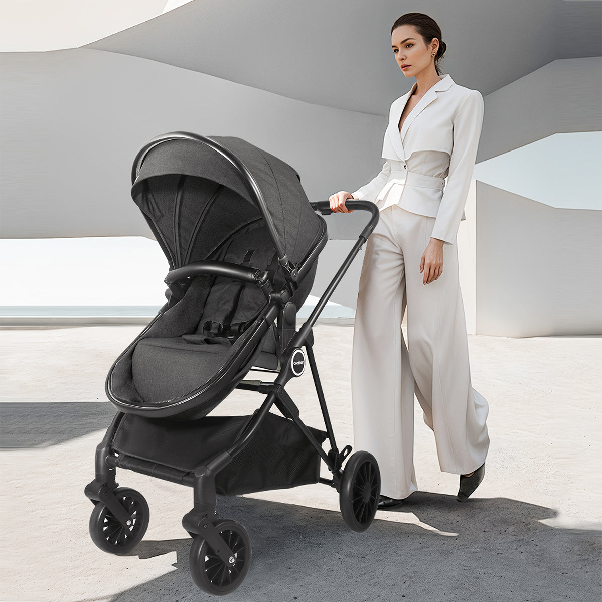 Reversible Baby Stroller with Parent-Facing and World-Facing Modes, Bassinet Configuration, Canopy and Storage Basket for Family Outings