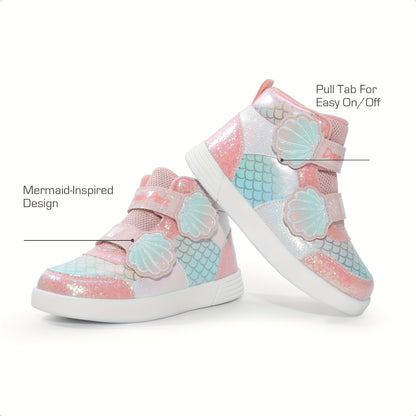 Girls Shell-Pattern High-Top Sneakers with Shiny Detail, Casual Walking Shoes for Toddlers and Little Kids in Pink, Lavender or White