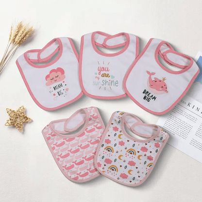 Double-Layer Cotton Baby Bibs 5-Pack with Cartoon Designs, Absorbent Adjustable Feeding Bib Set for Boys and Girls Ages 0–3 Years