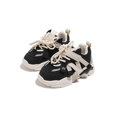 Toddler Geometric Sneakers with Breathable PU Upper, PVC Sole and Lace-Up plus Hook-and-Loop Closure, All-Season Casual Running Shoes for Ages 1-6