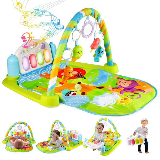 Musical Baby Play Gym with Detachable Kick Piano, Colorful Animal Activity Mat and Two Rattle Maracas for Supervised Tummy Time and Floor Play
