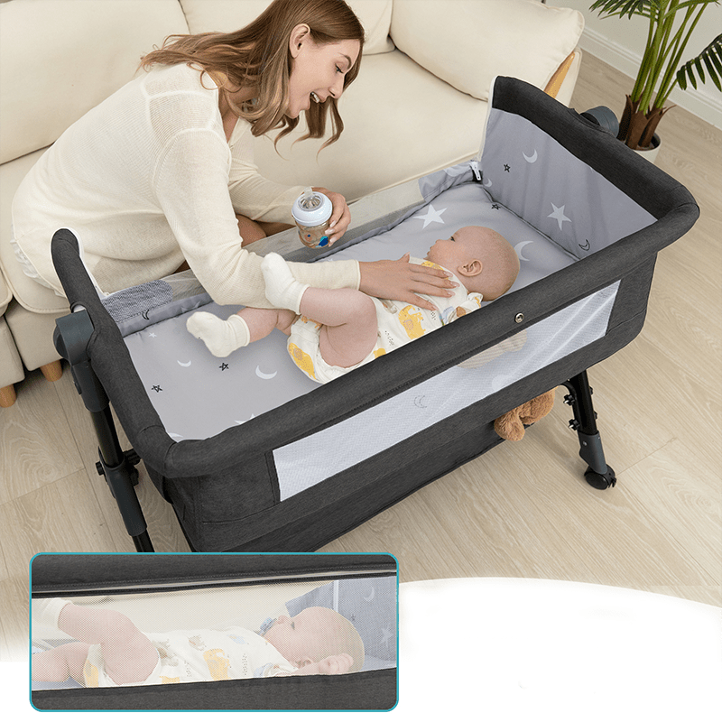 Bedside Bassinet with Lockable Wheels, Height-Adjustable 3-in-1 Crib-Side Infant Sleeper with Mosquito Net and Storage Bag, Dark Gray