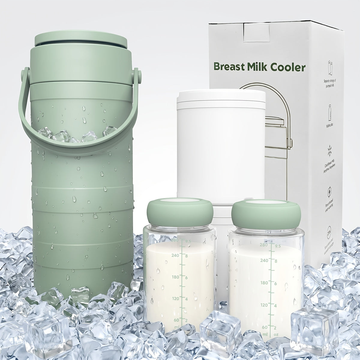 Breast Milk Cooler with 2 Storage Bottles, Portable 360° Surround Cooling Chiller with Carry Handle for Pumping Moms, Work and Travel