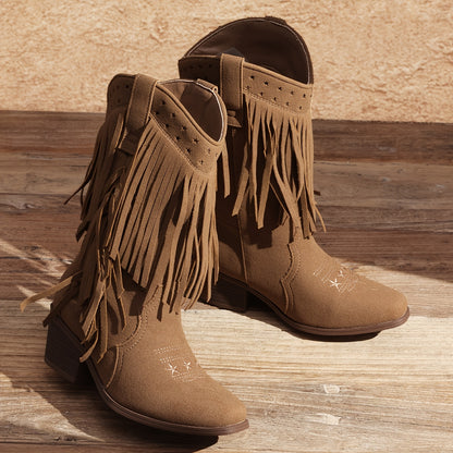 Tassel Fringe Western Ankle Boots for Girls - Star Cutout Cowgirl Boots with Soft Lining, Stable Heel, Easy Slip-On for Parties, Playtime & Dress-Up Fun