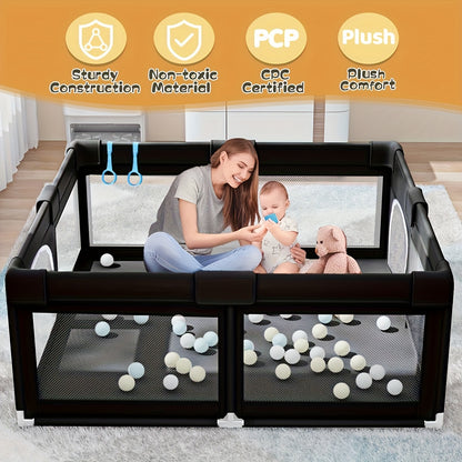 47 x 47 Inch Baby Playpen for Indoor and Outdoor Activity, Black Mesh Play Yard Fence for Babies and Toddlers with Soft Fabric Sides