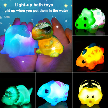 Light-Up Dinosaur Bath Toys 6-Pack, Water-Activated No-Hole Dinosaur Figures in Random Colors for Supervised Bathtub and Water Play