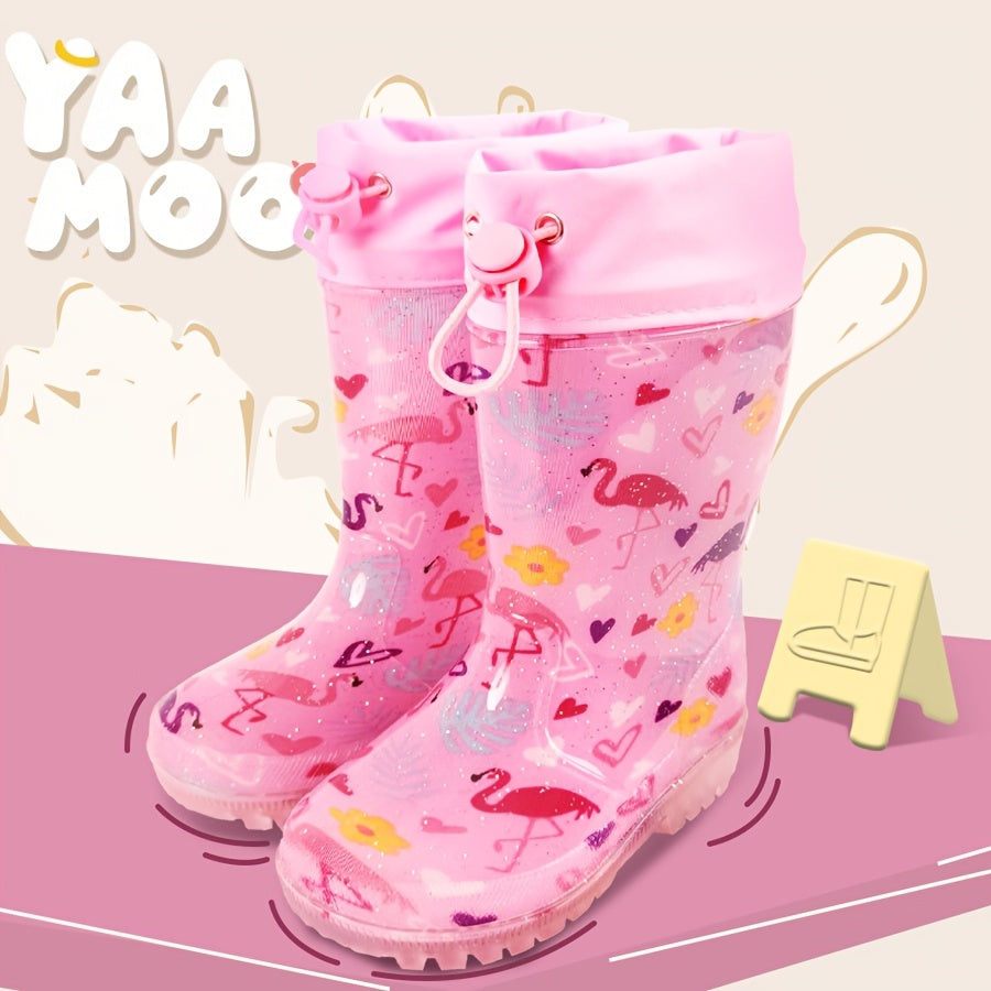 Pink Flamingo Rain Boots for Kids with Drawstring Cuffs, Soft Easy-Clean Design for Rainy-Day Outings, Toddler, Little Kid & Big Kid Sizes