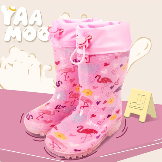 Pink Flamingo Rain Boots for Kids with Drawstring Cuffs, Soft Easy-Clean Design for Rainy-Day Outings, Toddler, Little Kid & Big Kid Sizes