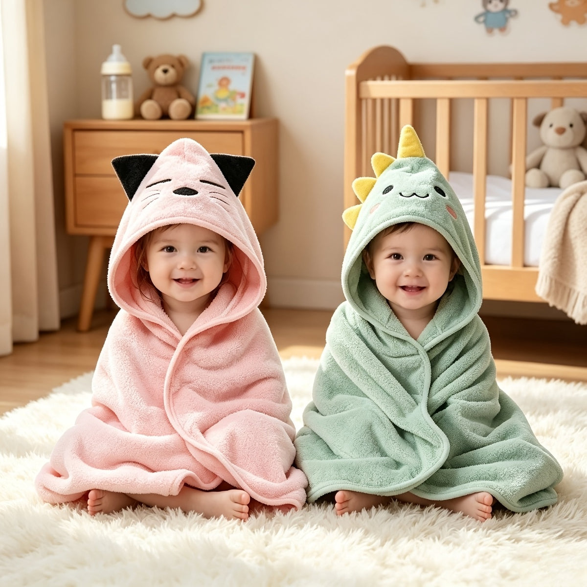 Baby Bath Towels and Swaddle Wraps for Newborns and Toddlers, Soft Absorbent Dual-Purpose Printed Towels in Two-Piece Color Sets