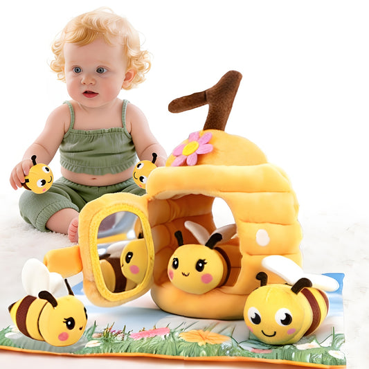 Baby Sensory Bee Toys with 2 Flower Beehives and 4 Stuffed Bees, Crinkle Rattle and Mirror Play Set for Infant Exploration and Baby Shower Gifts