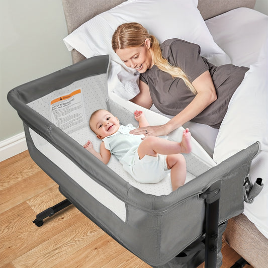 Adjustable Bedside Baby Bassinet with Lockable Wheels, Mosquito Net, Storage Bag and Mattress, Pink or Dark Gray Infant Sleeper