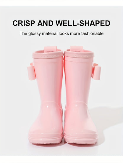 Girls Bow Rain Boots with Pull Tabs, Lightweight One-Piece Molded Toddler and Little Kid Boots in Pink, Burgundy, Dark Violet or Black for Rainy-Day Outings