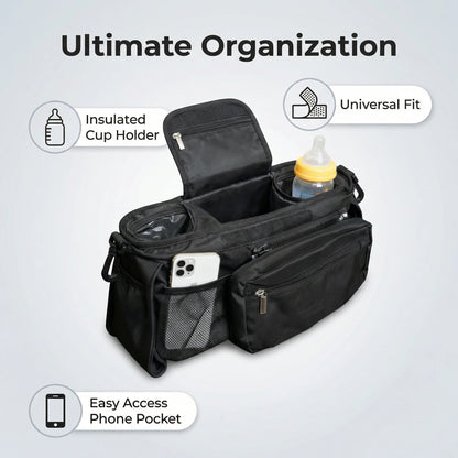 Stroller Console Bag with Dual Cup Holders, Black Hanging Organizer with Detachable Wristlet Phone Pouch and Adjustable Shoulder Strap