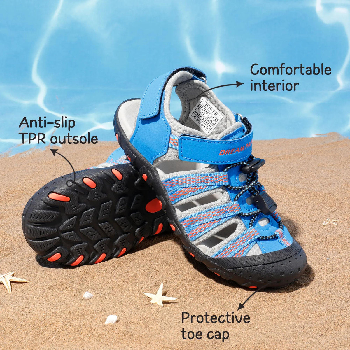 Closed Toe Kids Sport Sandals with Adjustable Straps, Breathable Water-Friendly Hiking and Beach Shoes for Toddlers, Little Kids and Big Kids