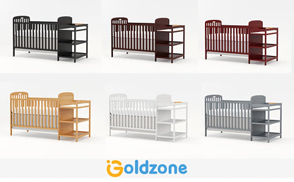 Baby Crib with Changing Table, Goldzone 4-in-1 Convertible Wooden Nursery Crib with Four Mattress Heights, Two Storage Shelves and Toddler Bed Conversion, White